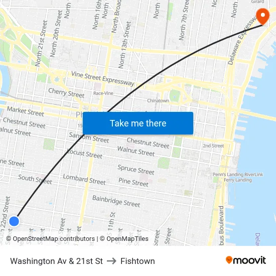 Washington Av & 21st St to Fishtown map