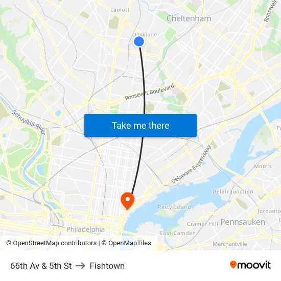 66th Av & 5th St to Fishtown map