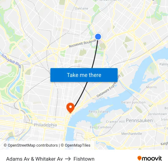 Adams Av & Whitaker Av to Fishtown map
