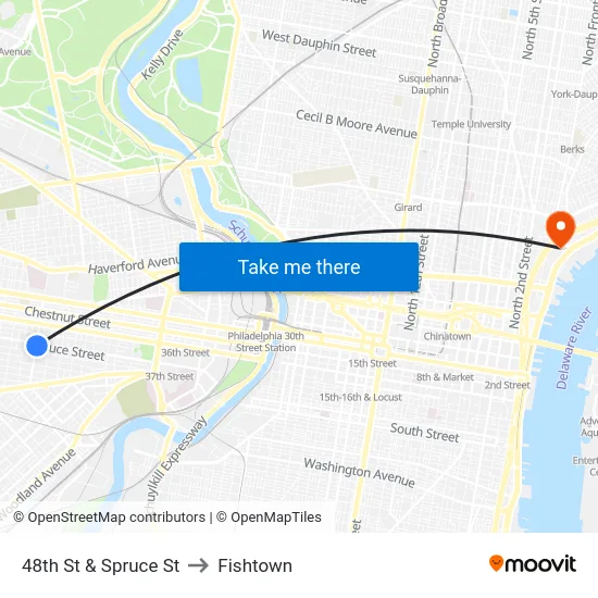 48th St & Spruce St to Fishtown map