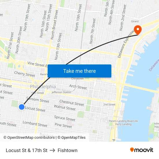 Locust St & 17th St to Fishtown map