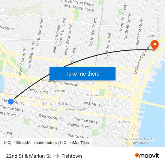 22nd St & Market St to Fishtown map