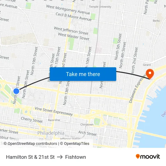 Hamilton St & 21st St to Fishtown map