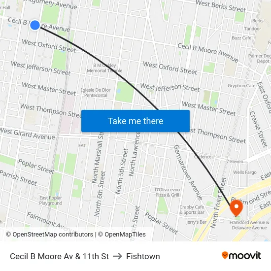 Cecil B Moore Av & 11th St to Fishtown map