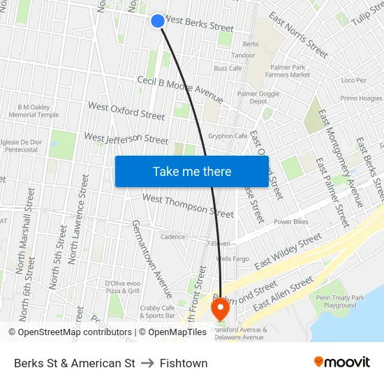 Berks St & American St to Fishtown map
