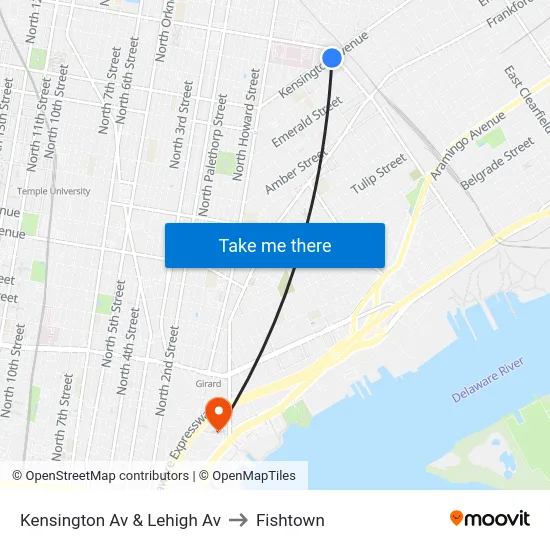 Kensington Av & Lehigh Av to Fishtown map