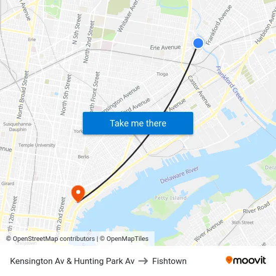 Kensington Av & Hunting Park Av to Fishtown map