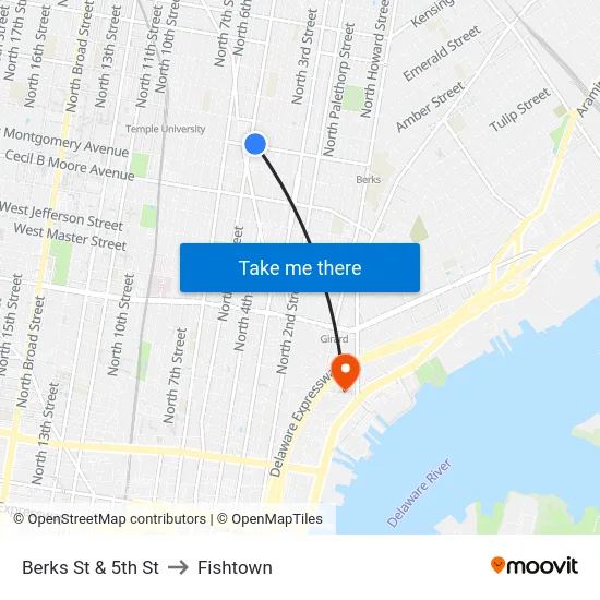 Berks St & 5th St to Fishtown map
