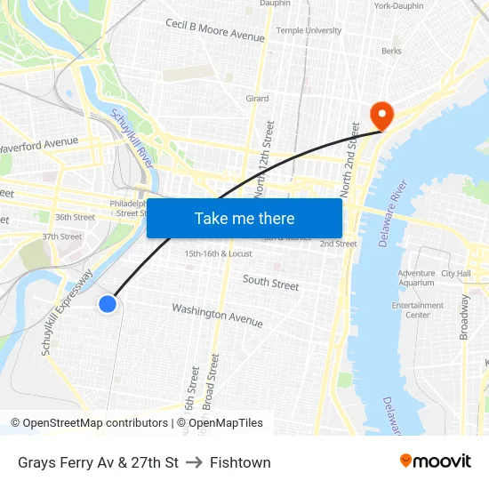 Grays Ferry Av & 27th St to Fishtown map