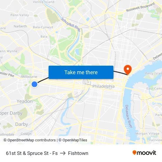 61st St & Spruce St - Fs to Fishtown map