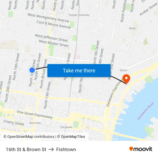 16th St & Brown St to Fishtown map