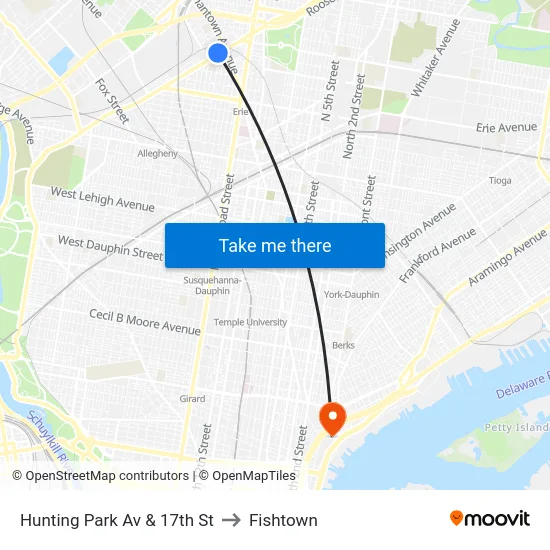 Hunting Park Av & 17th St to Fishtown map