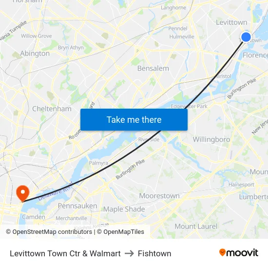 Levittown Town Ctr & Walmart to Fishtown map