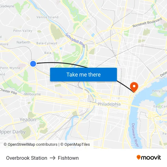 Overbrook Station to Fishtown map