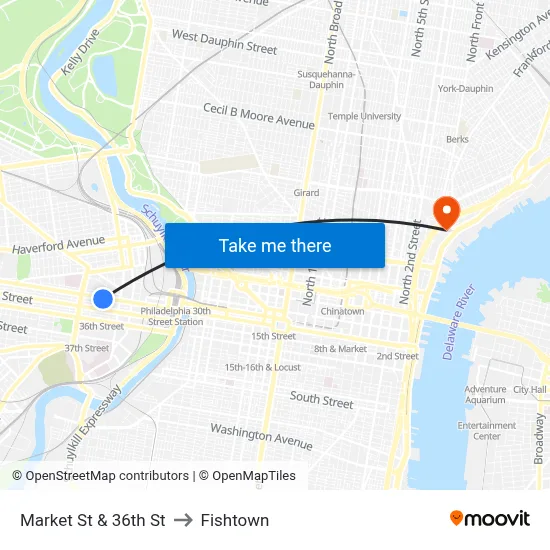 Market St & 36th St to Fishtown map