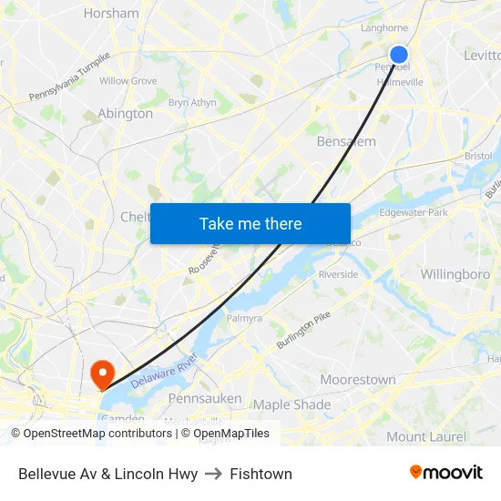Bellevue Av & Lincoln Hwy to Fishtown map
