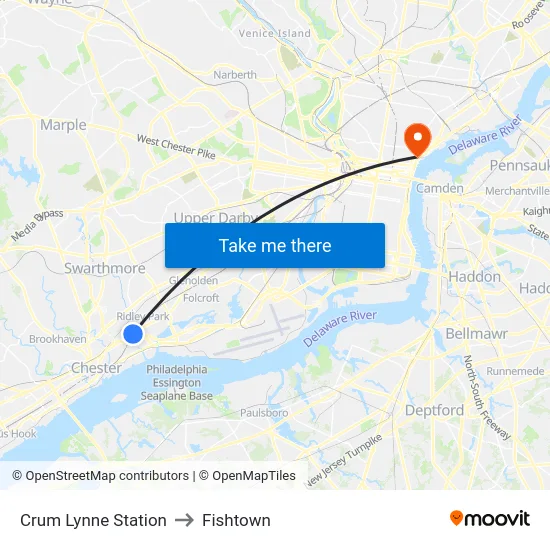 Crum Lynne Station to Fishtown map