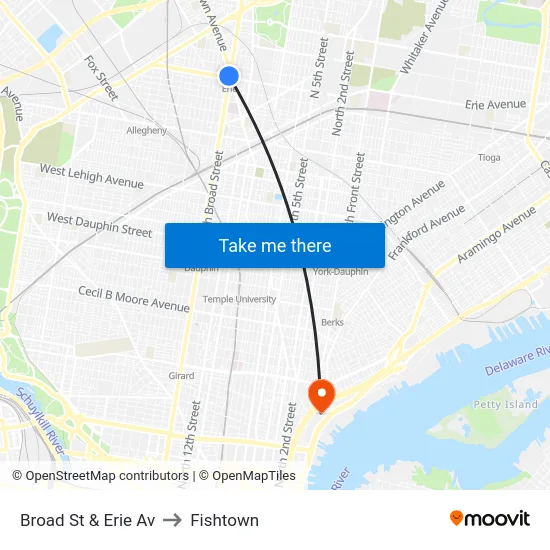 Broad St & Erie Av to Fishtown map