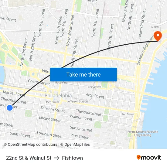 22nd St & Walnut St to Fishtown map