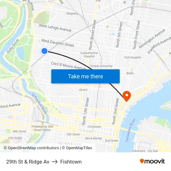 29th St & Ridge Av to Fishtown map