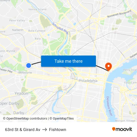63rd St & Girard Av to Fishtown map