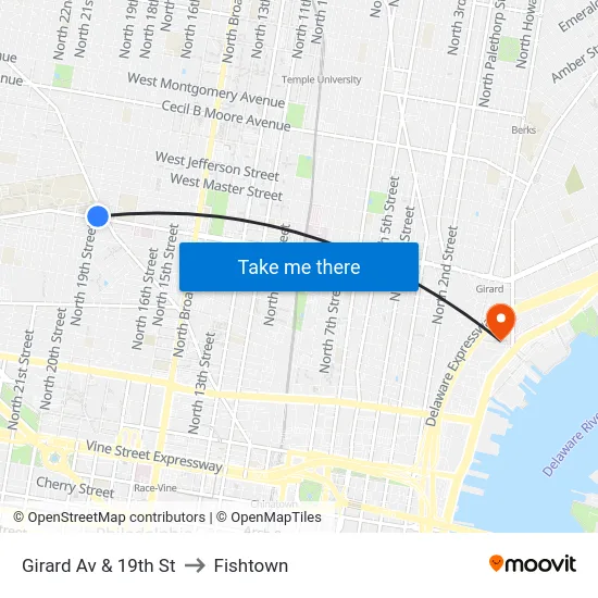 Girard Av & 19th St to Fishtown map