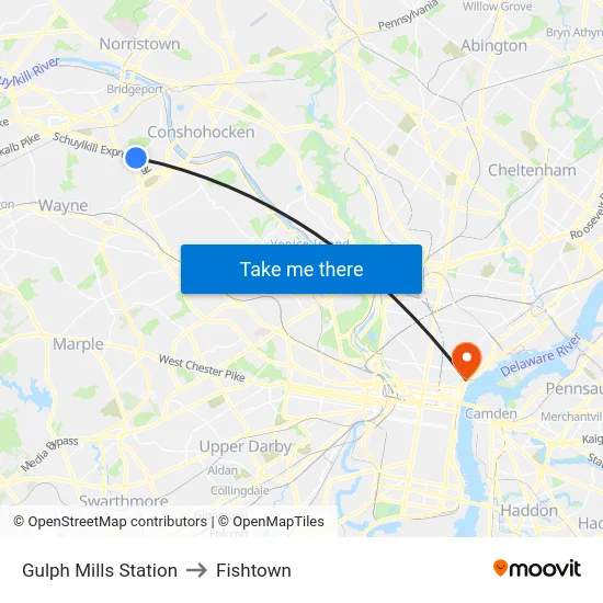 Gulph Mills Station to Fishtown map