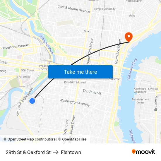 29th St & Oakford St to Fishtown map