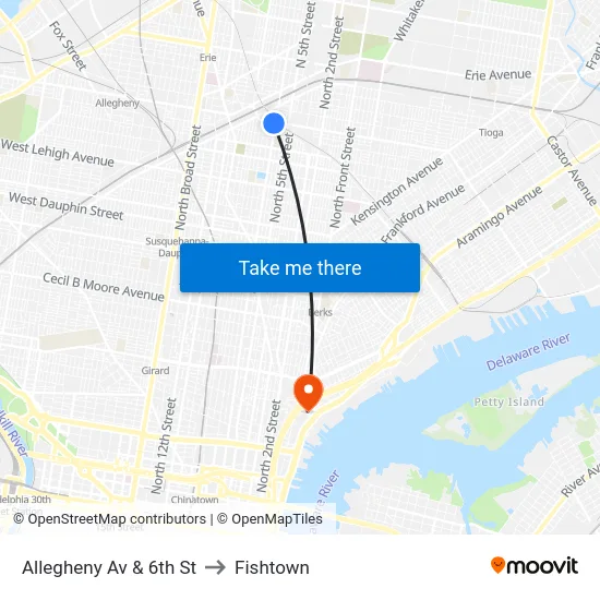 Allegheny Av & 6th St to Fishtown map
