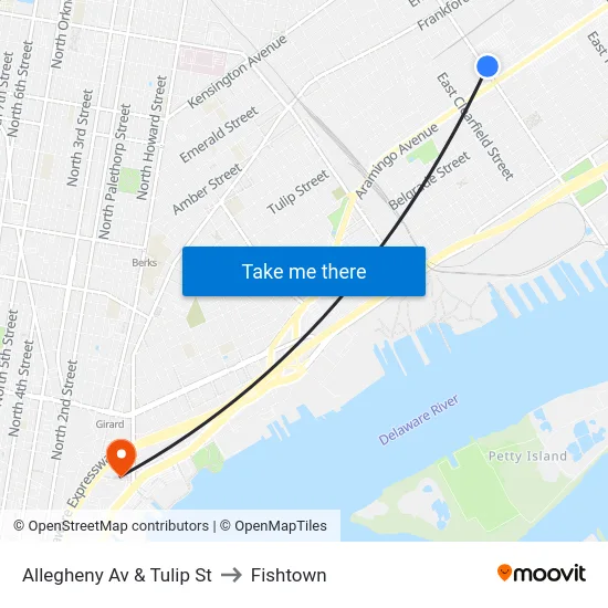 Allegheny Av & Tulip St to Fishtown map