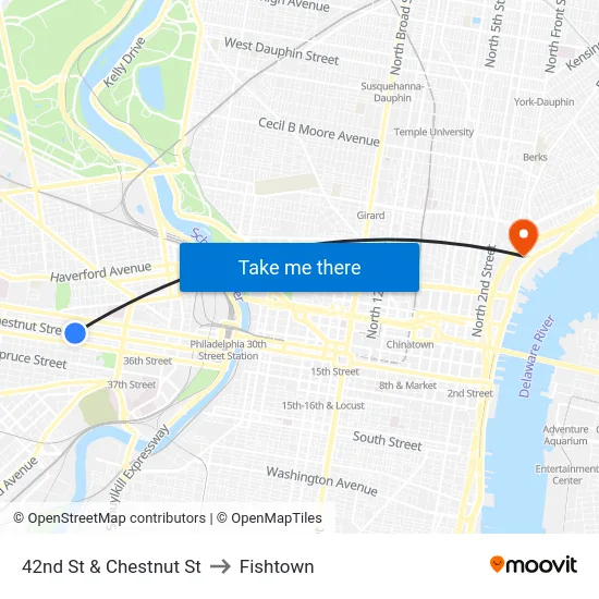 42nd St & Chestnut St to Fishtown map