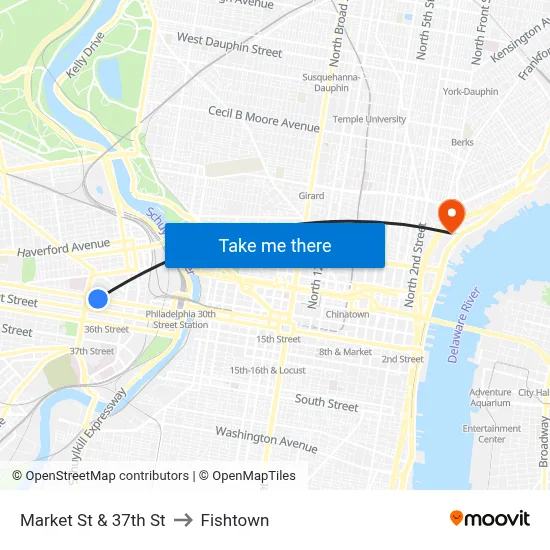 Market St & 37th St to Fishtown map