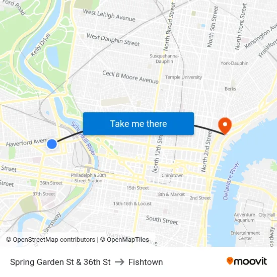 Spring Garden St & 36th St to Fishtown map