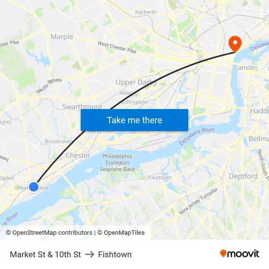 Market St & 10th St to Fishtown map