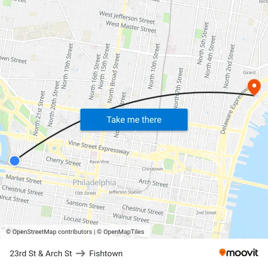 23rd St & Arch St to Fishtown map