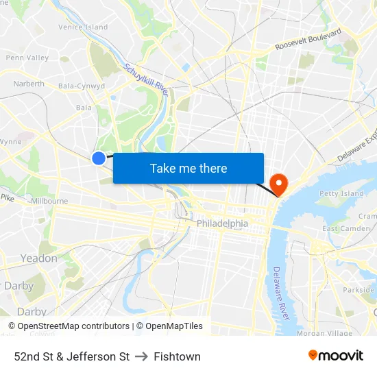 52nd St & Jefferson St to Fishtown map
