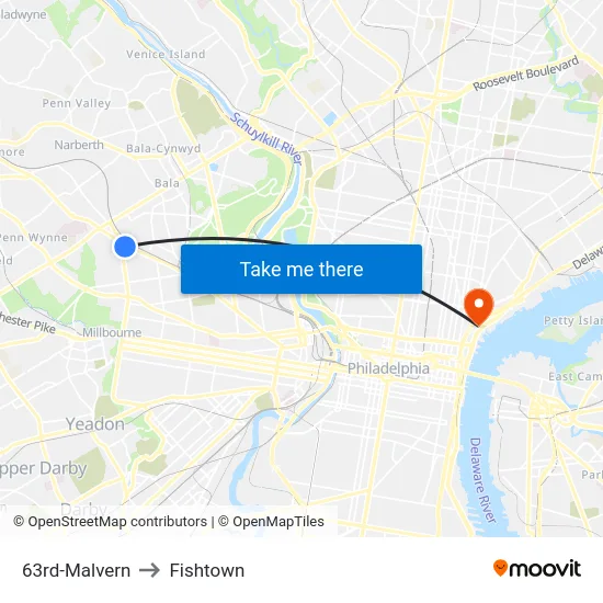 63rd-Malvern to Fishtown map