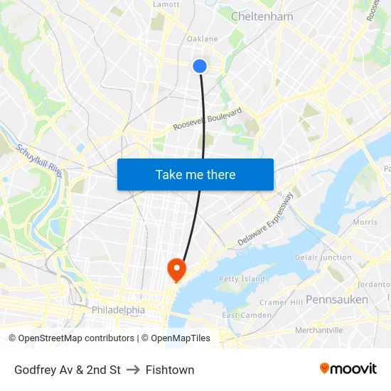 Godfrey Av & 2nd St to Fishtown map