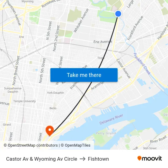 Castor Av & Wyoming Av Circle to Fishtown map