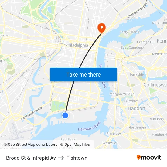 Broad St & Intrepid Av to Fishtown map