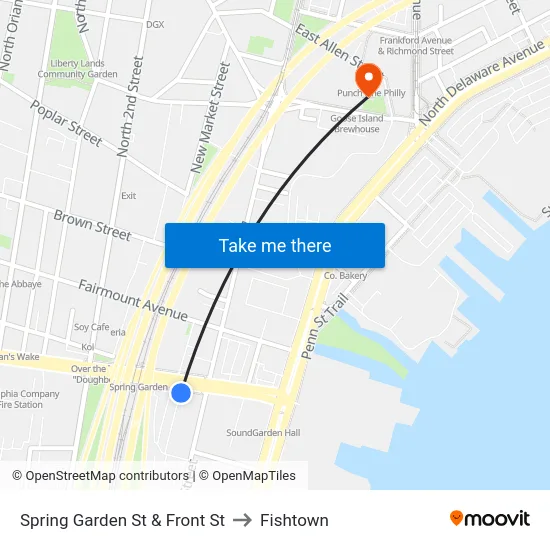 Spring Garden St & Front St to Fishtown map
