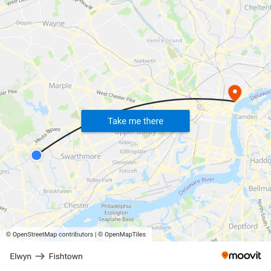 Elwyn to Fishtown map