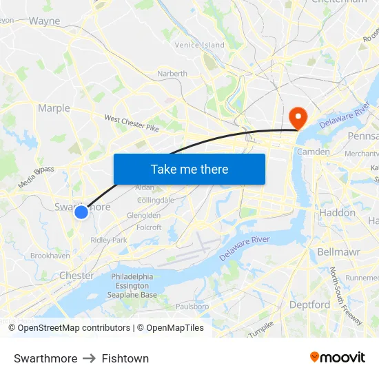 Swarthmore to Fishtown map