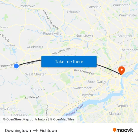 Downingtown to Fishtown map