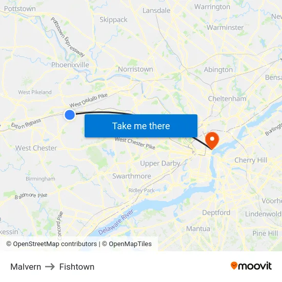 Malvern to Fishtown map