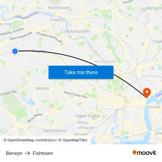 Berwyn to Fishtown map