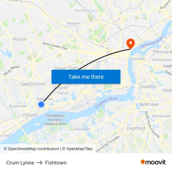 Crum Lynne to Fishtown map