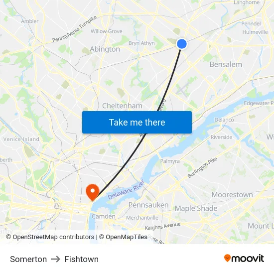 Somerton to Fishtown map