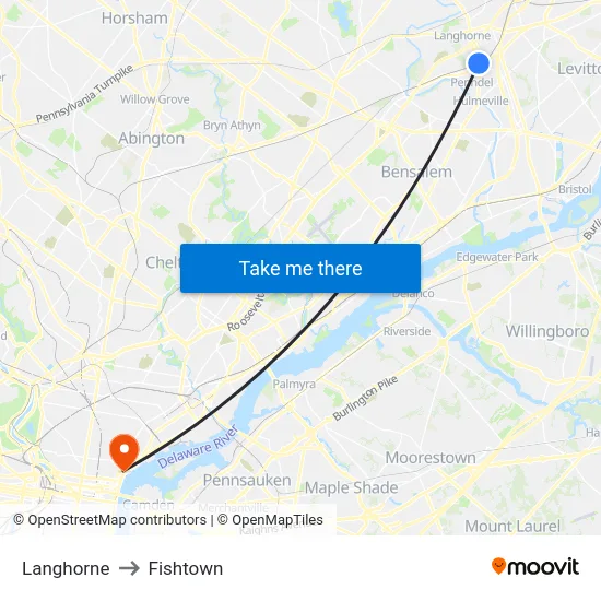 Langhorne to Fishtown map