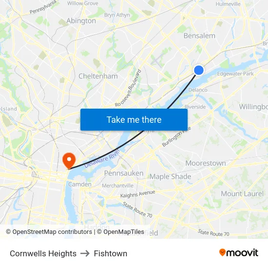 Cornwells Heights to Fishtown map